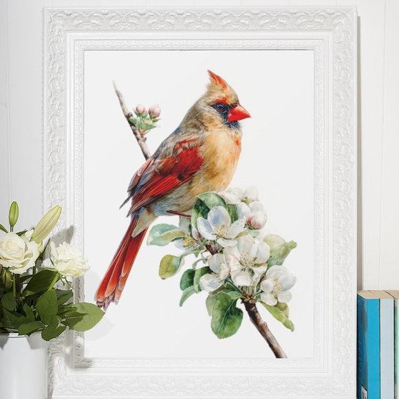 Watercolor Female Cardinal Bird with Flowers Wall Art Print Unframed - Picture 6 of 6